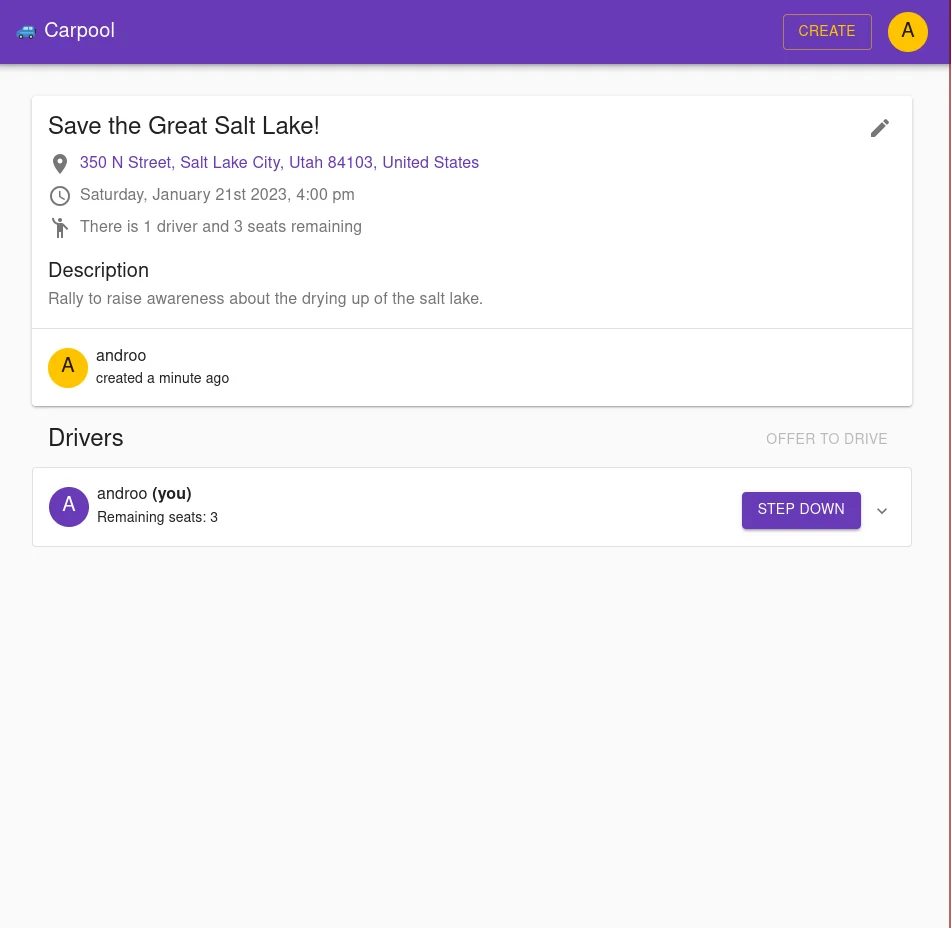 Carpool event page
